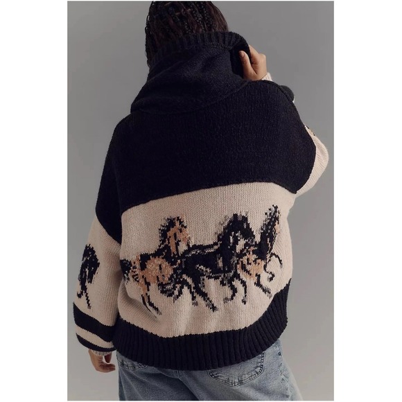 Anthropologie Pilcro Horse Button Front Hooded Cardigan Sweater Wool Black Cream - Picture 8 of 16